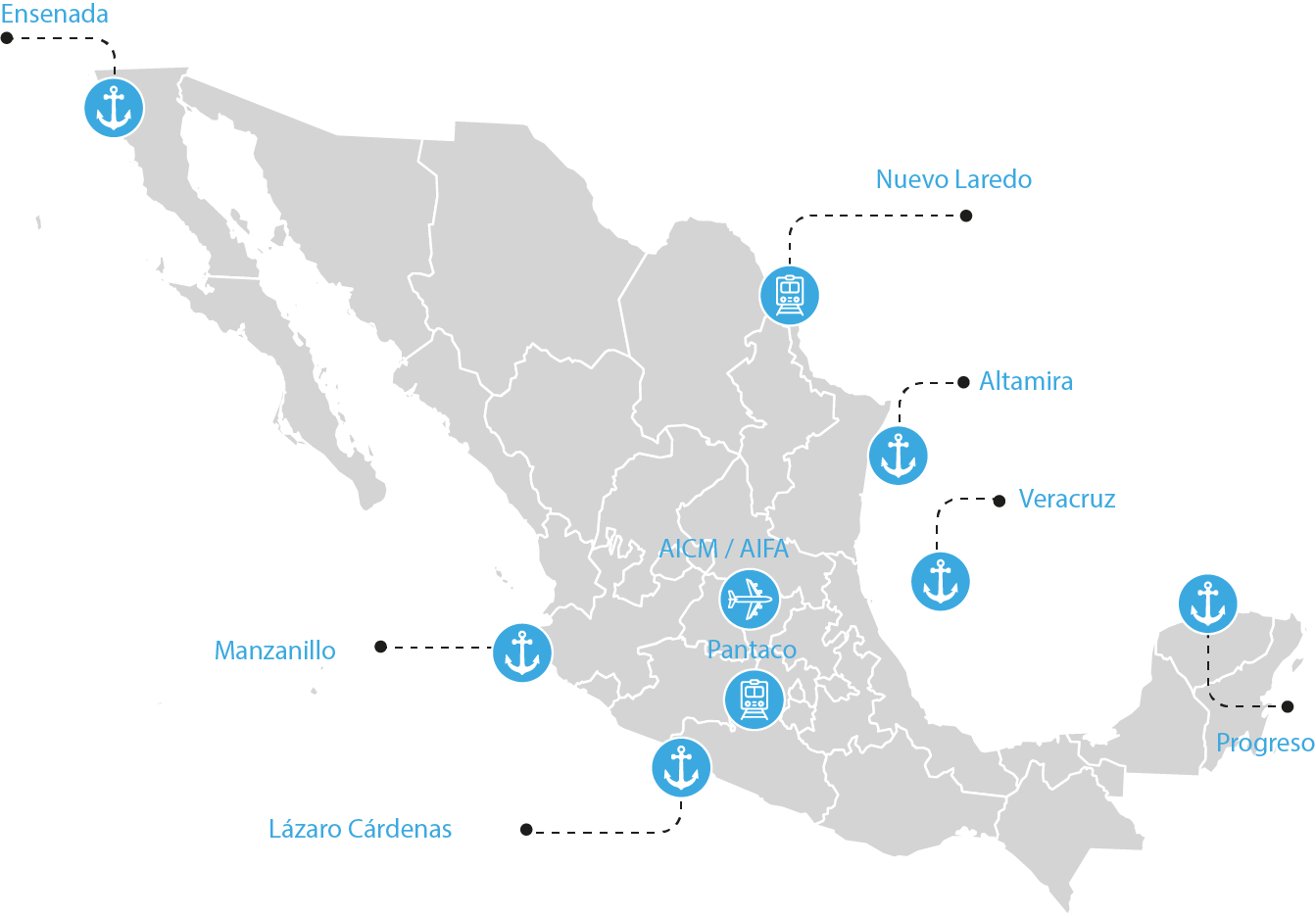 Mapa de cobertura en aduanas de México